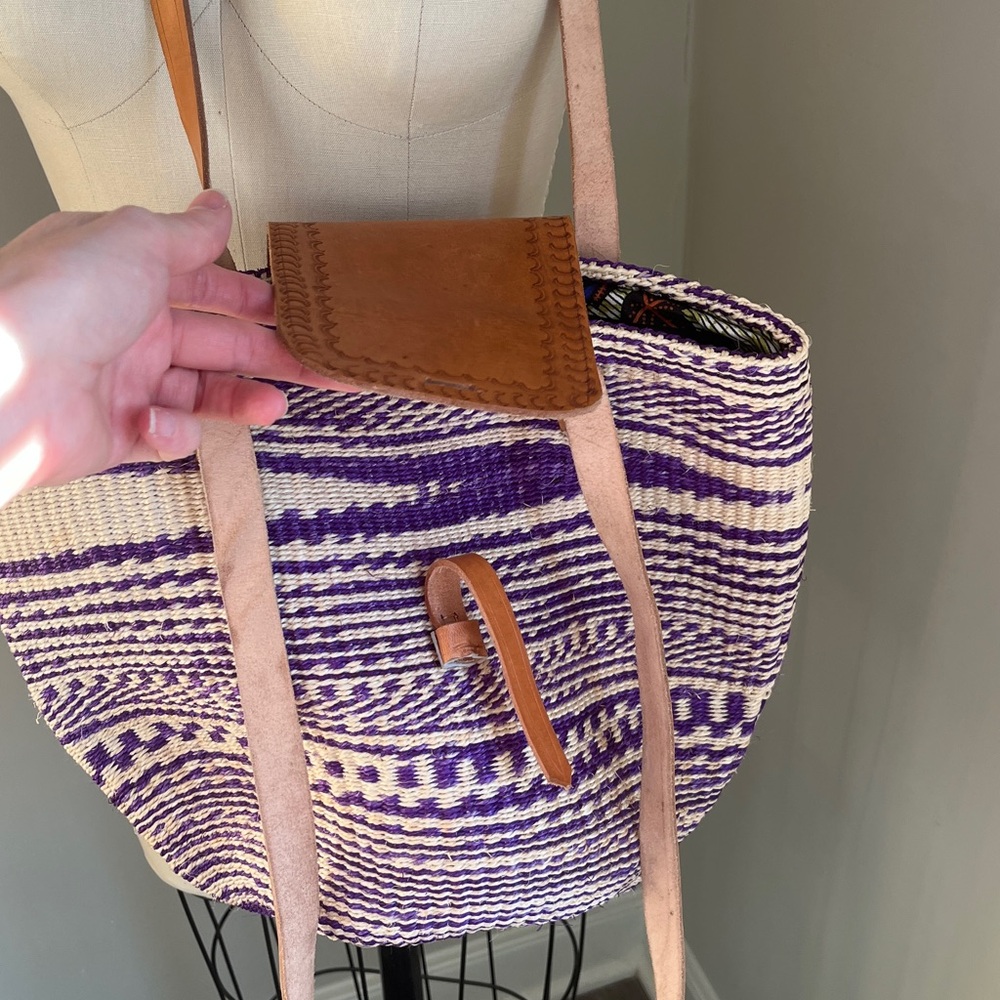 Handwoven Sisal Bag Kenyan Kiondo Basket Tote Leather Purple African Artisan - Picture 11 of 15